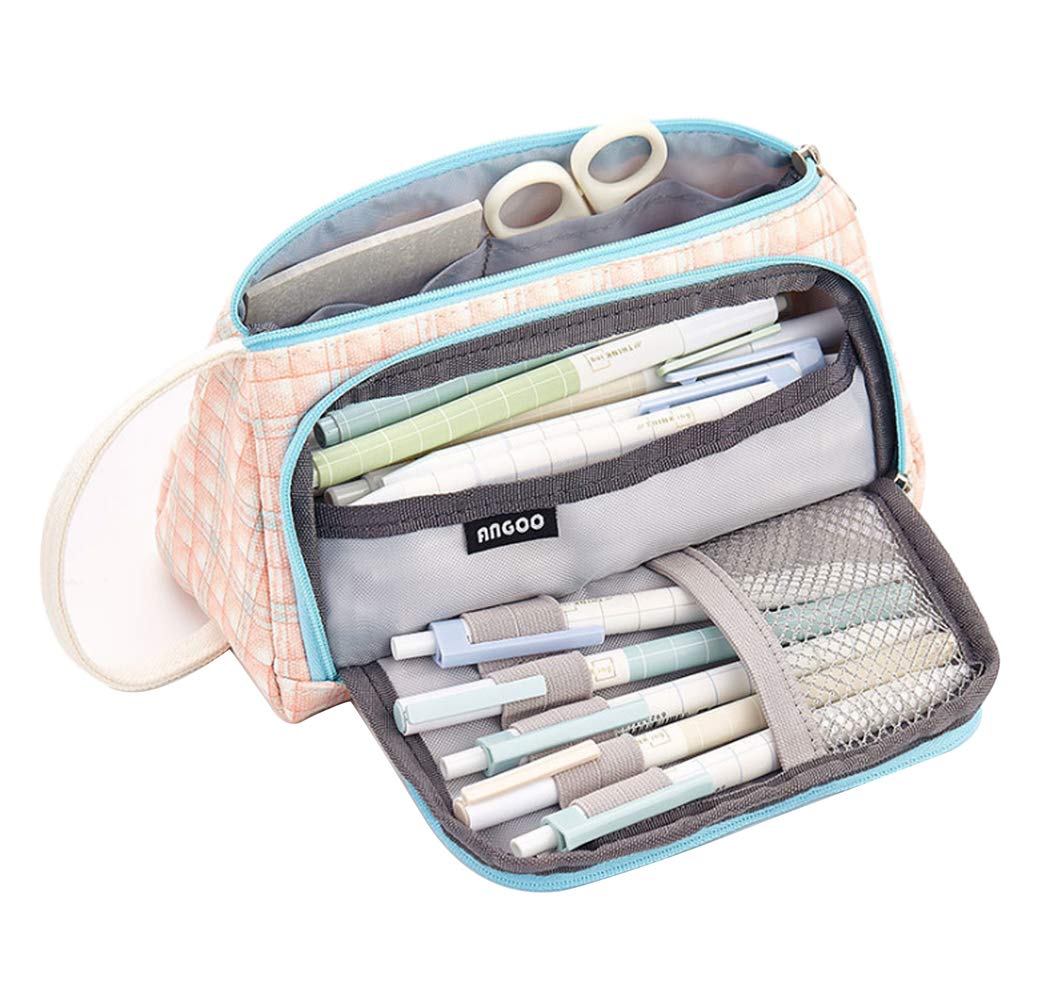 Hillento Large Capacity Colored Canvas Storage Pouch Marker Pen Pencil Case, Pen Organizer with Color Zipper, Two Different Open Method, School and Office Supplies, Plaid Blue