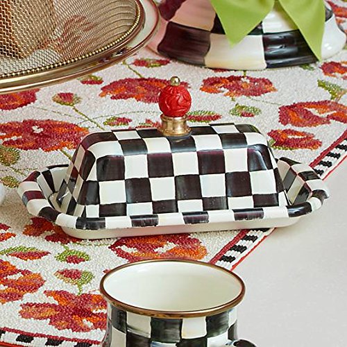 MacKenzieChilds Butter Dish with Lid Stainless Steel Enamel Courtly Checks Container Black