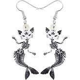 DUOWEI Halloween Funny Black Mermaid Bones Skull Cat Earrings Acrylic Weird Cats Dangle Jewelry for Women Funky Gifts