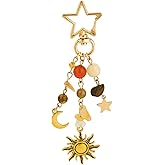Sun Moon Star Keychain, Gravel & Beads Y2K Aesthetic Keychain Boho Bag Charms Cute Purse Handbags Backpack Accessories (Gold)