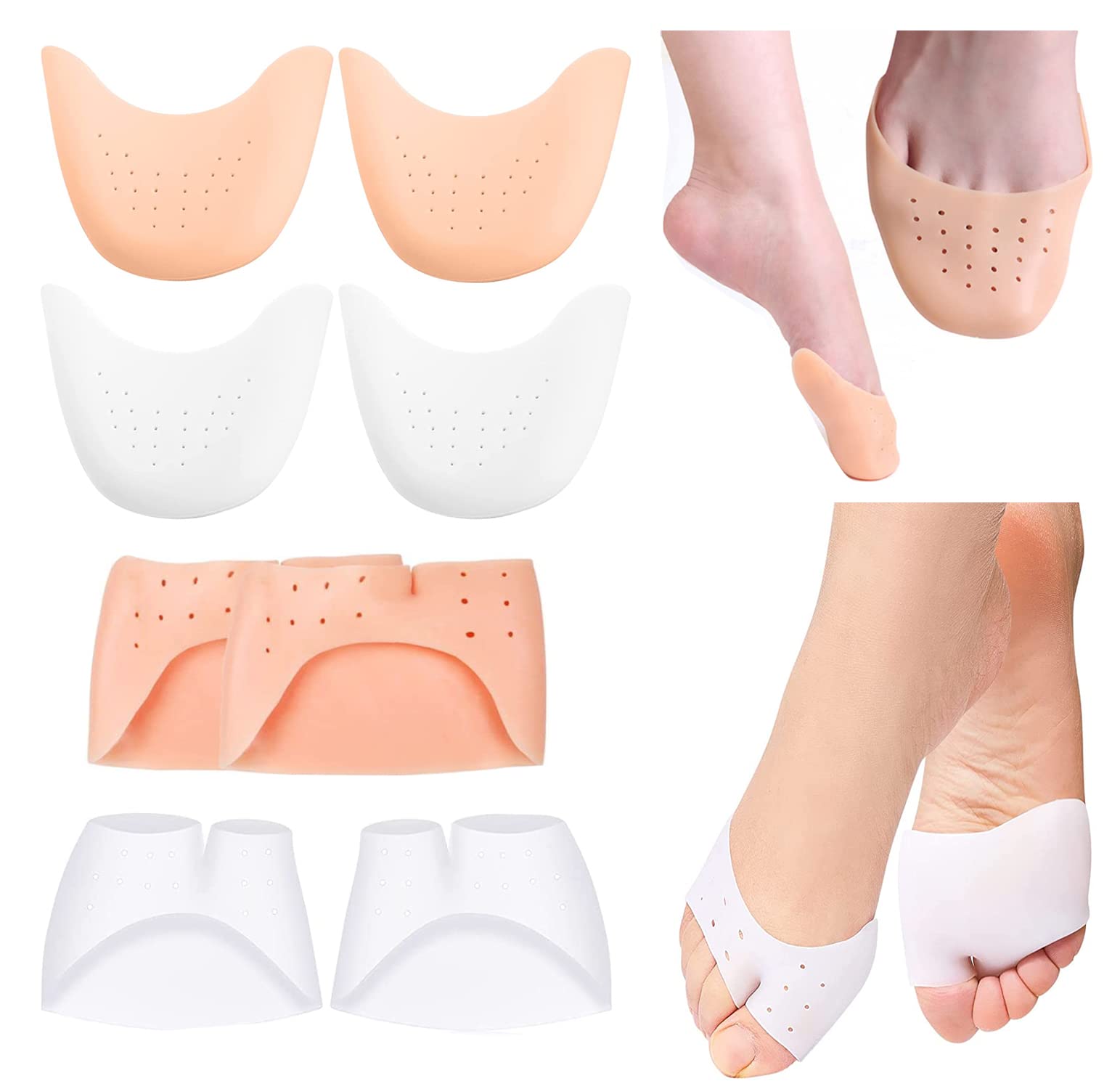 4 Pairs Silicone Toe Caps, Soft Silicone Gel Sock Pads, Toe Protectors Ballet Foot Protection with Breathable Hole for Ball of Foot Metatarsal