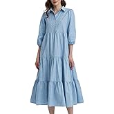 Women Button Down Maxi Shirt Dress Long Sleeve Flowy Tiered Collared Dresses with Pockets