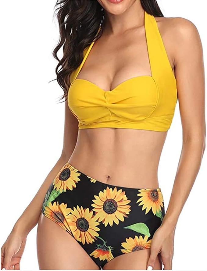 Amazon 女性バックレスビキニハイウエスト花柄プリント水着セットストラップレースアップ2ピース水着 ビキニ セパレーツ 通販