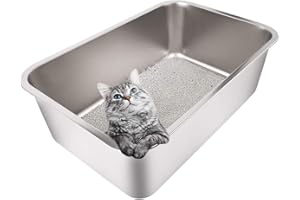 Yangbaga Stainless Steel Litter Box for Cat and Rabbit, Large Size with 8in High Sides and Non Slip Rubber Feet. Odor Control, Non Stick Smooth Surface, Easy to Clean, Never Bend