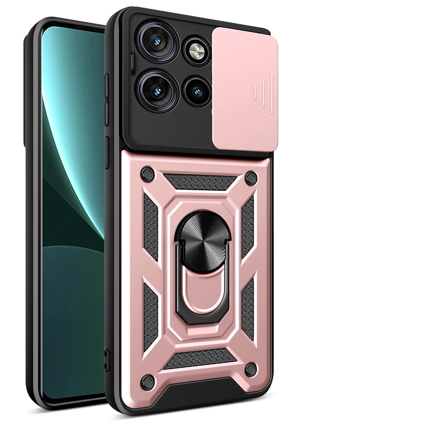 ILING Case for Motorola Edge 60 Neo/Edge 50 Neo/ThinkPhone 25, Ultra-thin Matte Texture Hard PC + Soft Silicone TPU Shockproof Heavy Duty Cover, with Ring Kickstand and Slide Camera Cover (Rose Gold)