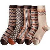 DIMEIYOUPIN 5 pairs fair isle ethnic style retro style Bohemian Style Women’s Crew Socks Thick Cozy Cotton Socks for Autumn and Winter, Soft Warm Gifts for Her, Fall & Holiday Wear