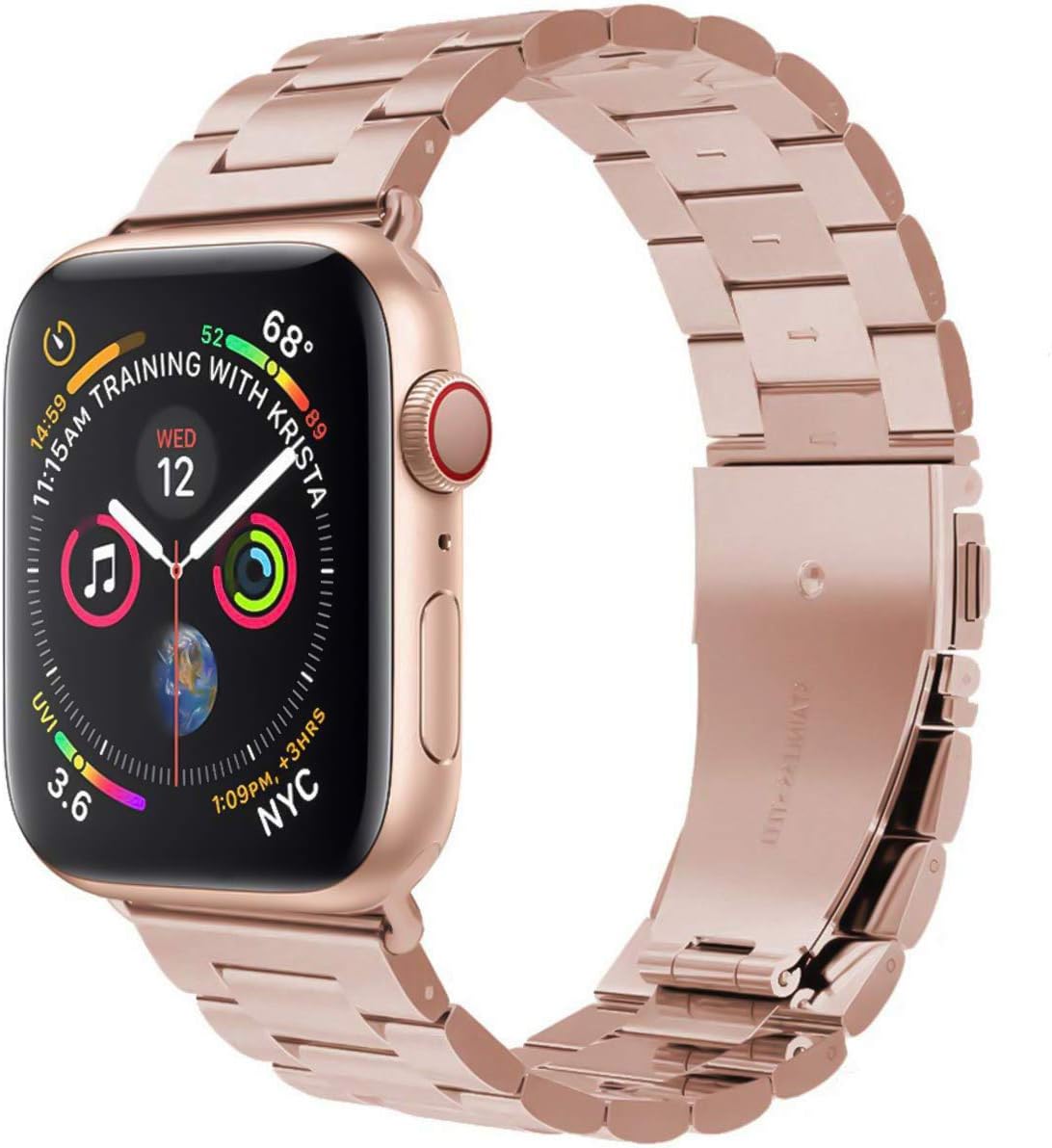 PUGO TOP Compatible with Apple Watch Band 42mm 44mm Series 5 4 Stainless Steel Metal Iwatch iPhone Watch Link Bracelet Band. (42mm/44mm, Rose Gold)