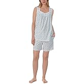 Lanz of Salzburg Women's 100% Cotton Tulip Knit Shortie Pajama Set, Short Sleeve Top with Pintuck Neckline & Button Front