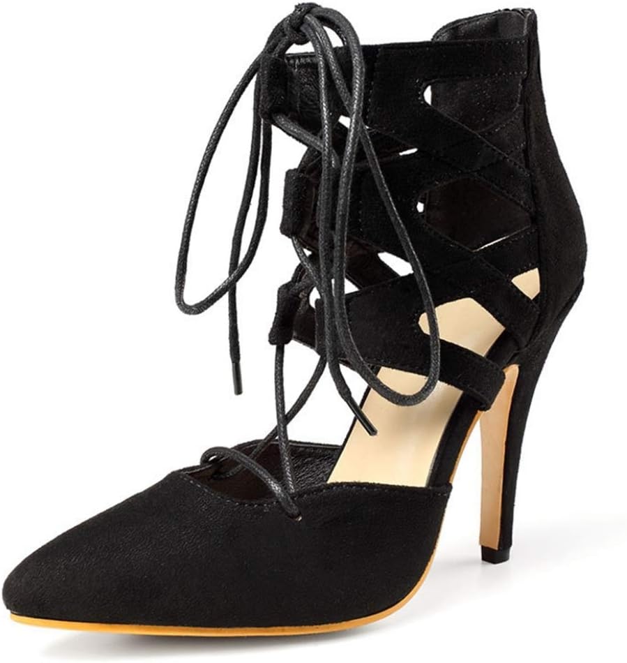CYBLING Womens Point Closed Toe Stilettos Pumps Faux Suede High Heels Strappy Lace Up Dress Sandals Shoes