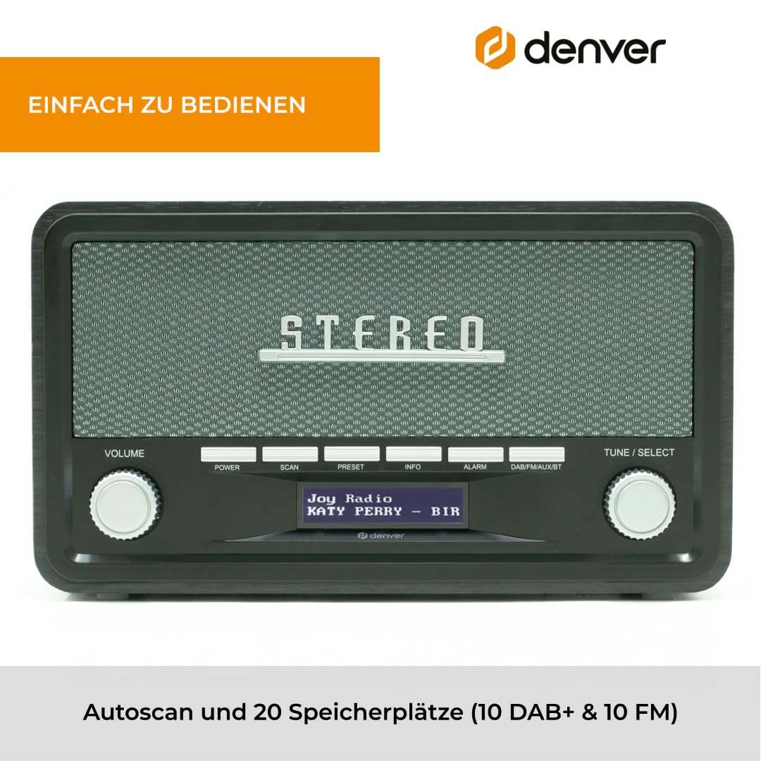 Denver Retro DAB-18 Digitalradio | DAB Plus Radio mit Bluetooth & FM | 2x20W Stereo-Lautsprecher | Kleines Radio mit Netzstecker | Küchenradio DAB mit gutem Klang | LCD-Display & Weckfunktion 4
