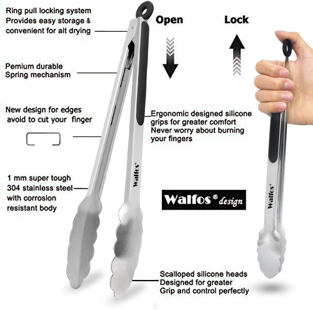 Walfos Kitchen Tongs,Non-Slip Heat Resistant Handle Kitchen Grill Tongs- Great for Grill BBQ Grilling, Turning and Cooking Food - Image 4