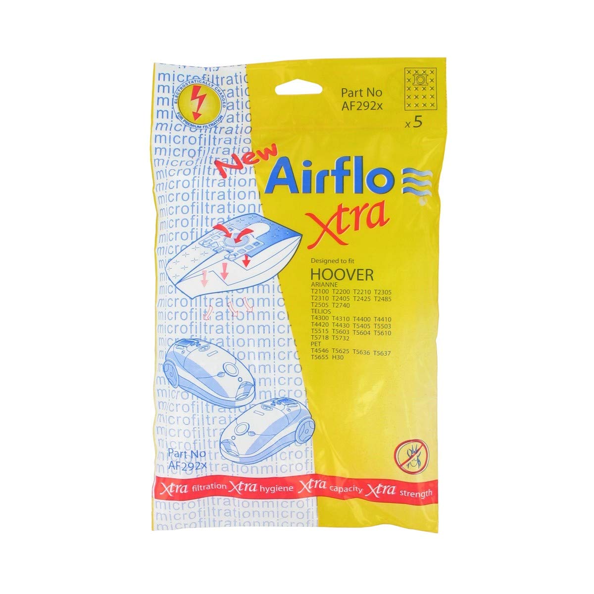 Airflo AF292X European Manufactured Hoover Telios Series SMS Bags, Pack of 5,White