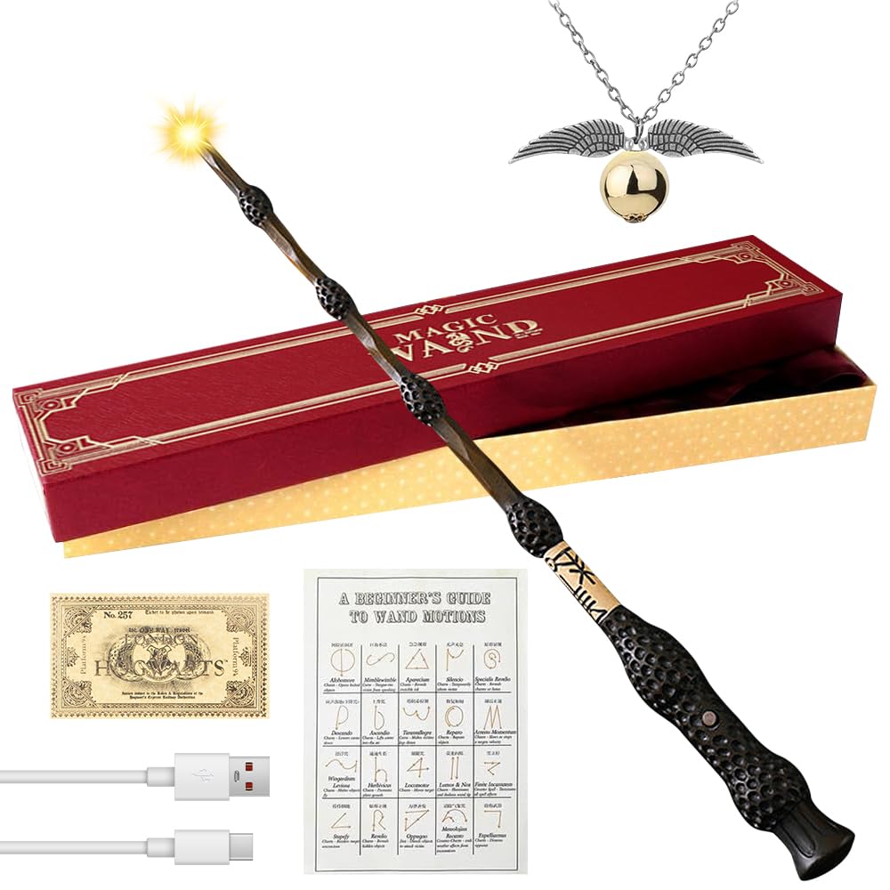 Dumbledore Wand, 35cm Elder Light Up Wand with Station Ticket, Spell Card and Necklace USB Charging Glow Magic Wand Dumbledore Wizards Wand in Gift Box Elder Magic Wizard Wand for Halloween Party