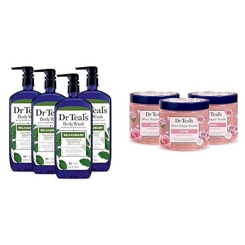 Dr Teal's Body Wash (Pack of 4) & Shea Sugar Body Scrub (Pack of 3) with Eucalyptus, Spearmint & Rose - Amazon deal for $42.12