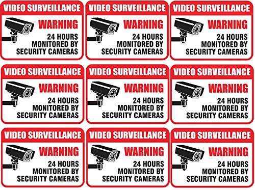 (9 Pack) Self Adhesive Video Surveillance Sign Vinyl Decal Sticker Indoor & Outdoor Use Waterproof