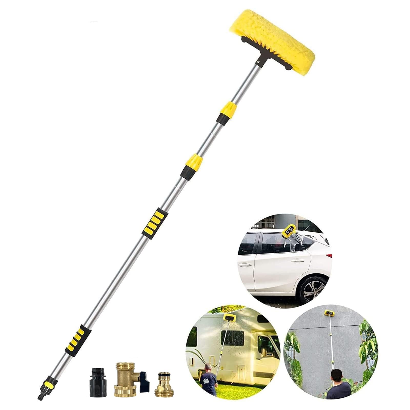 Photo 1 of Buyplus 5-12 Foot (20 ft Reach) Car Wash Brush with 12-Inch Soft Bristle, On/Off Switch Telescopic Car Truck Boat Washing Brush with Hose Attachment for Cleaning RVs, House Siding, Floors and More!