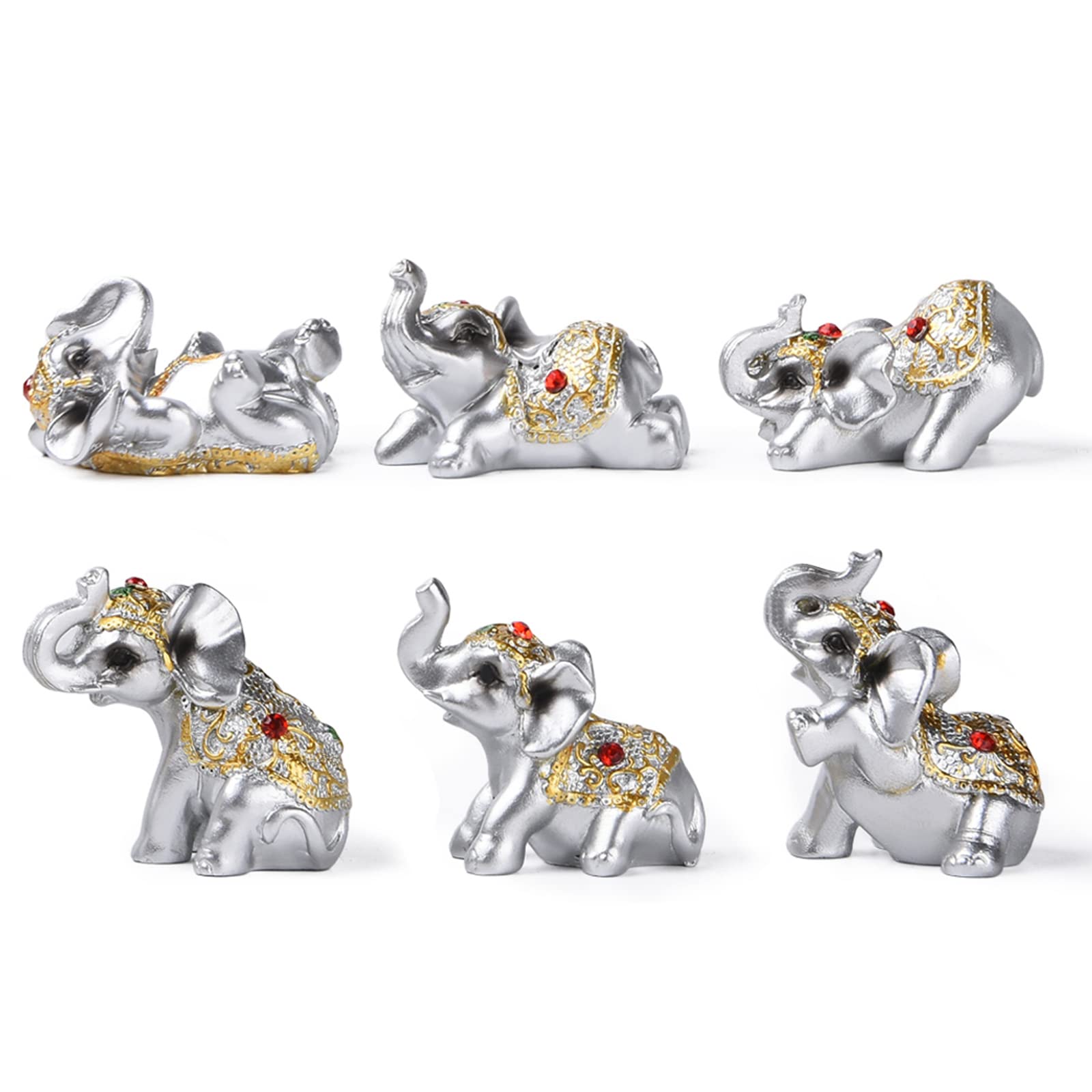 STCREE Resin Set of 6 Elephants Statue Home Office Study Desk Ornaments Flower Pot Car Decoration Sliver Collectible Figurine TQGJST22