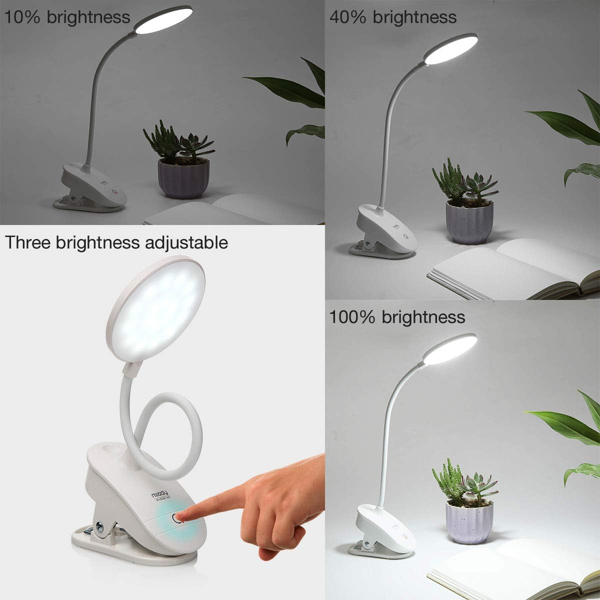 Miday Clip on Lamp, Battery Powered Reading Lamp, Clip on Light for Bed Clip on Battery Light with 3 Brightness Level, USB Rechargeable, Reading Lamp - - 