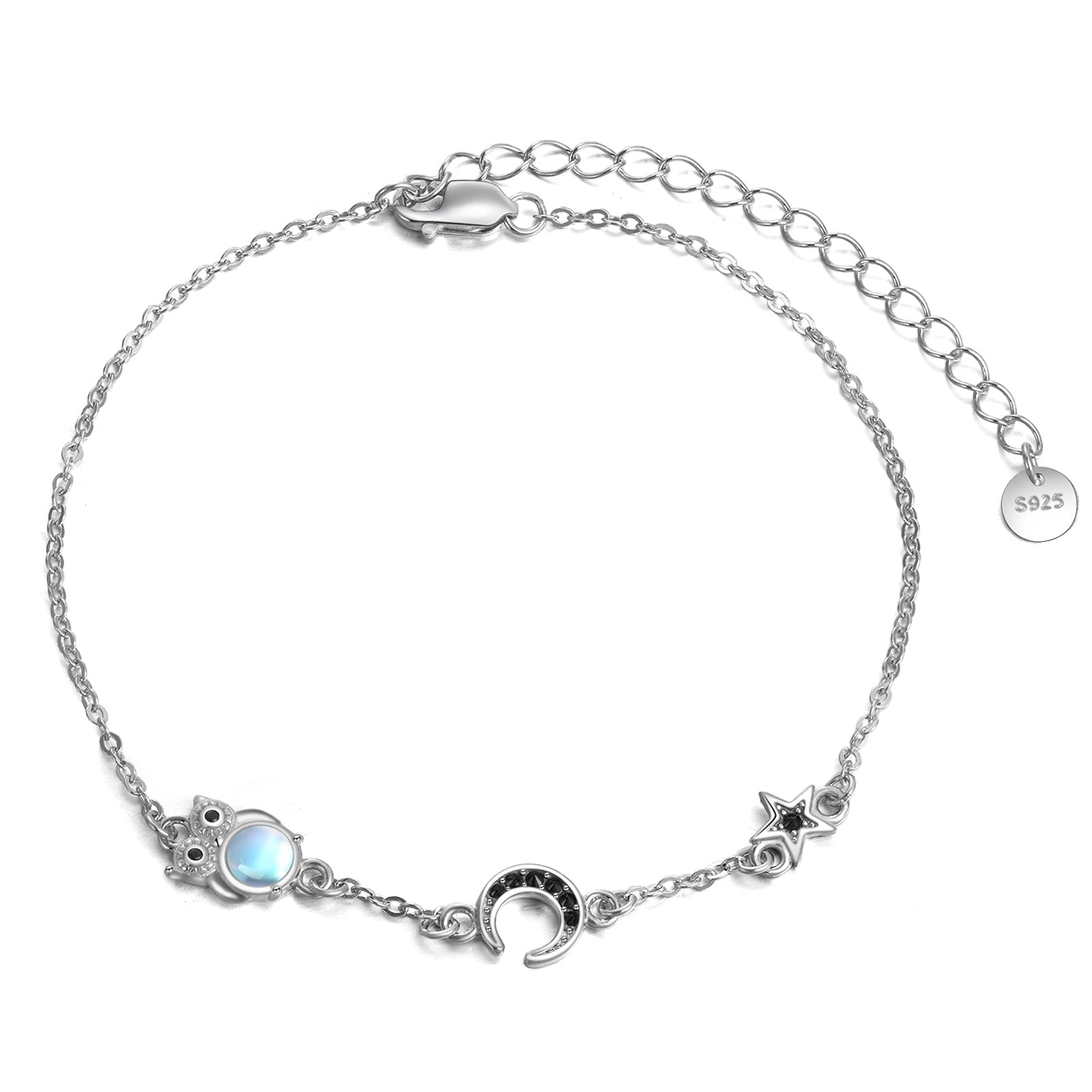 VENACOLY Owl Bracelet 925 Sterling Silver Moonstone Moon and Star Bracelet Owl for Women