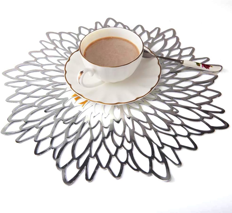 EQI Christmas Round Placemats,Silver Placemats/Charger Hibiscus Shaped for Christmas, Wedding, Anniversary, Birthday Party (Silver,4)