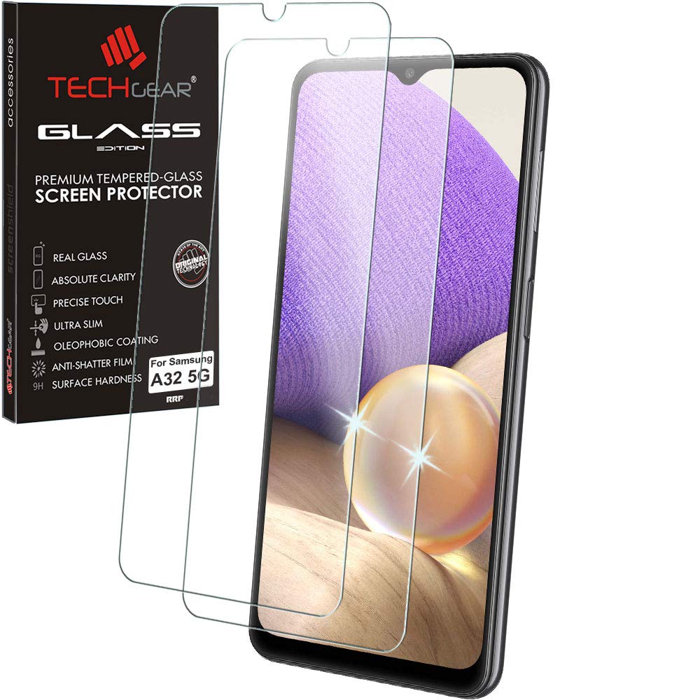 TECHGEAR 2 Pack GLASS Edition Compatible with Samsung Galaxy A32 5G, Tempered Glass Screen Protector Covers [2.5D Round Edge] [9H Hardness] [Crystal Clarity] [Scratch-Resistant] [No-Bubble]