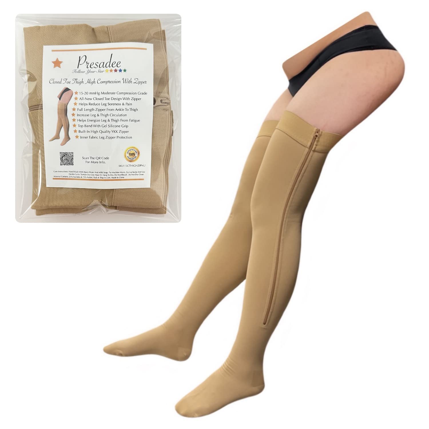 Photo 1 of Presadee Closed Toe Thigh High 15-20 mmHg Moderate Compression Socks With YKK Zipper (Nude, 1)