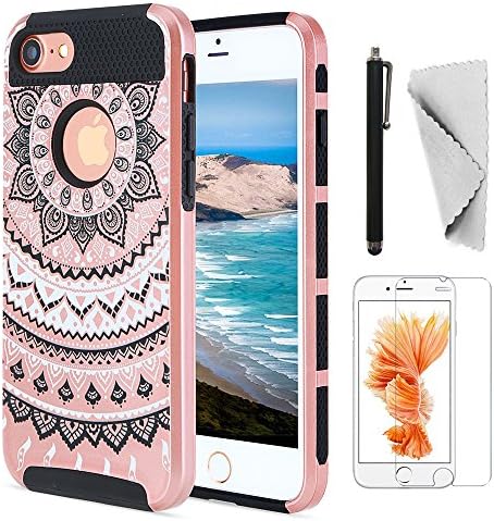 iPhone 7S Case, iPhone 7 Case KXLY Hybrid Slim Case Heavy Duty Shockproof Protective Cover Hard PC Rugged Soft TPU Bumper Armor Dual Layer+Screen Protector+Stylus[Mandala/Light Rose Gold-Black]