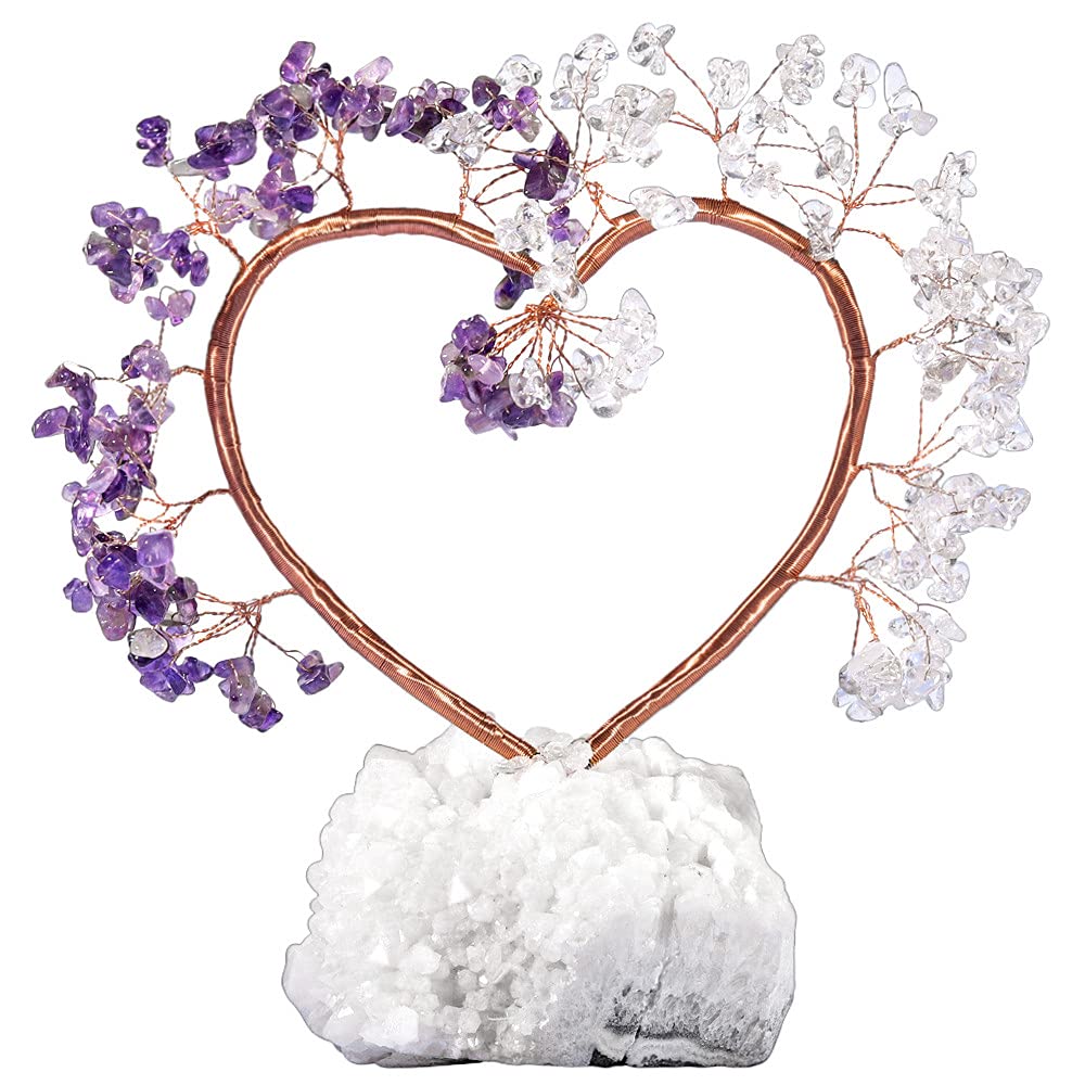 Nupuyai Amethyst and Rock Crystal Tree with Rock Crystal Cluster Base, Love Heart Money Tree Figurines Fengshui Ornament for Home Office Wedding Decor 16-20cm High