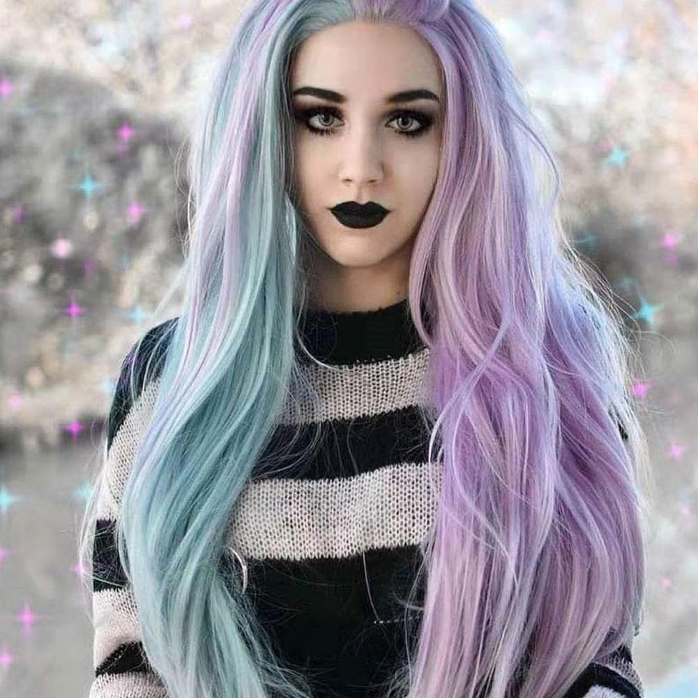 AFBeauty Pink Blue Mermaid Wigs for Women Long Straight Half Pink Half Blue Wig Synthetic Lace Front Wig Heat Resistant Fiber Party Cosplay Hair 24inch