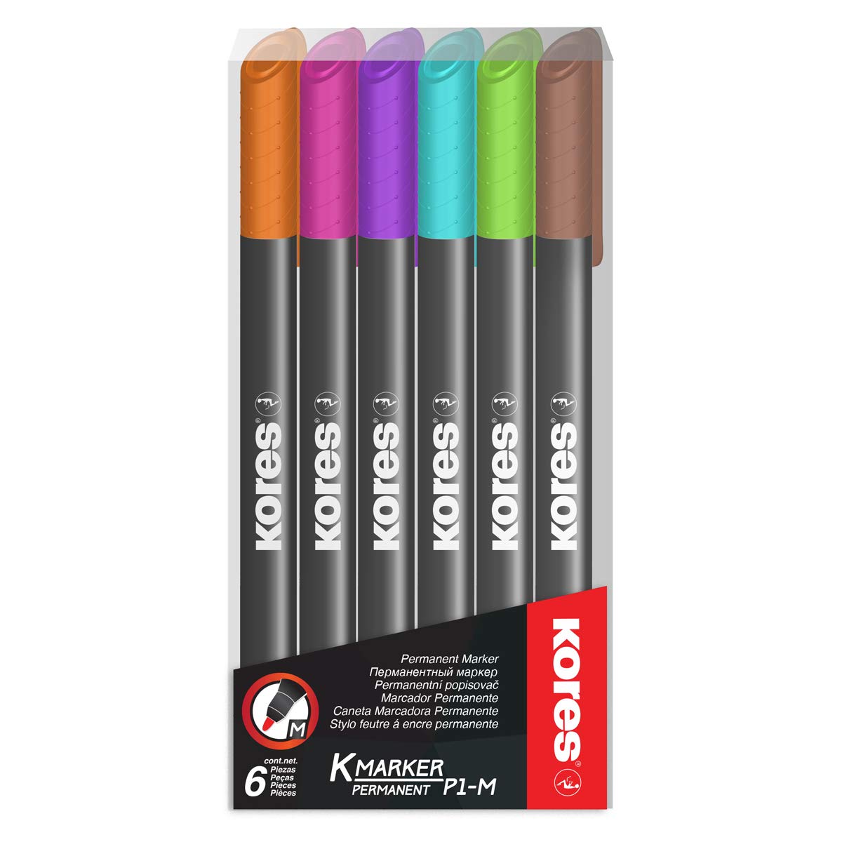 Kores - Coloured Permanent Marker Pens - K-Marker P1, Fine Fibre Tip with Low-Odour Ink - Back to School Supplies, Office Supplies - Pack of 6 in Assorted Colours