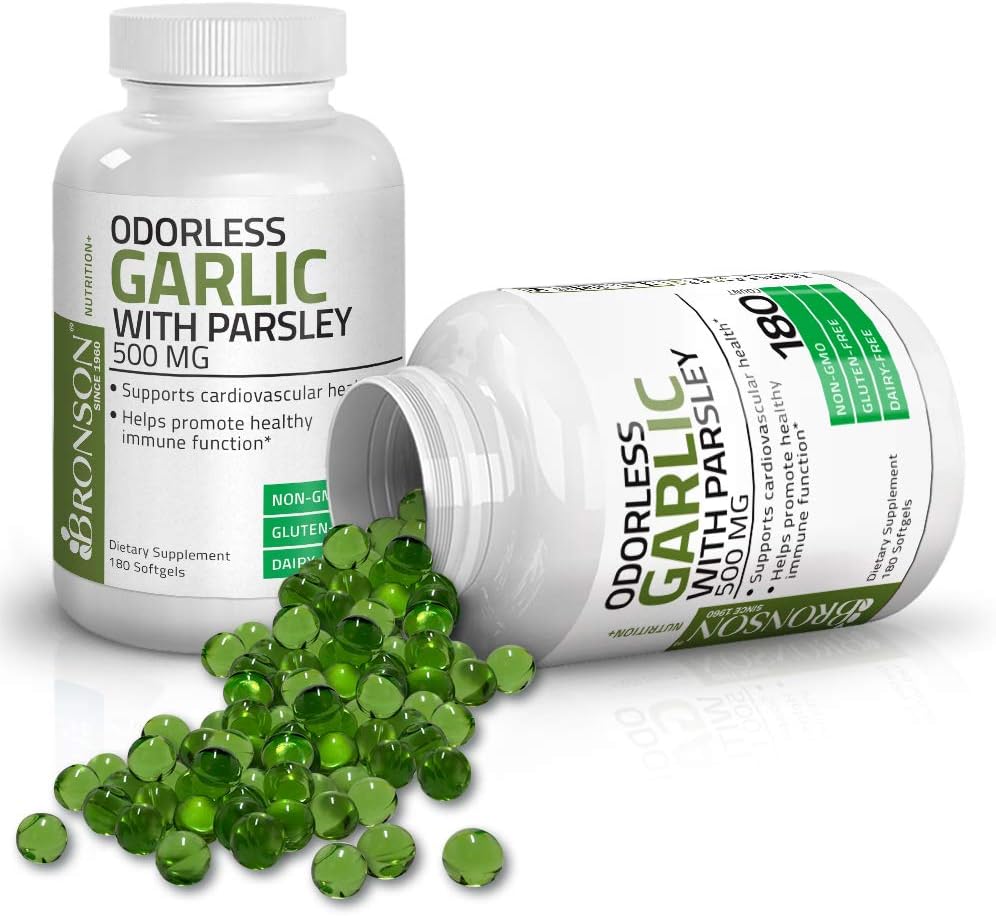 Bronson Odorless Garlic with Parsley Capsules 500 mg - Supports Cardiovascular Health - Promotes Immune Function, Non-GMO, 180 Softels: Health & Personal Care