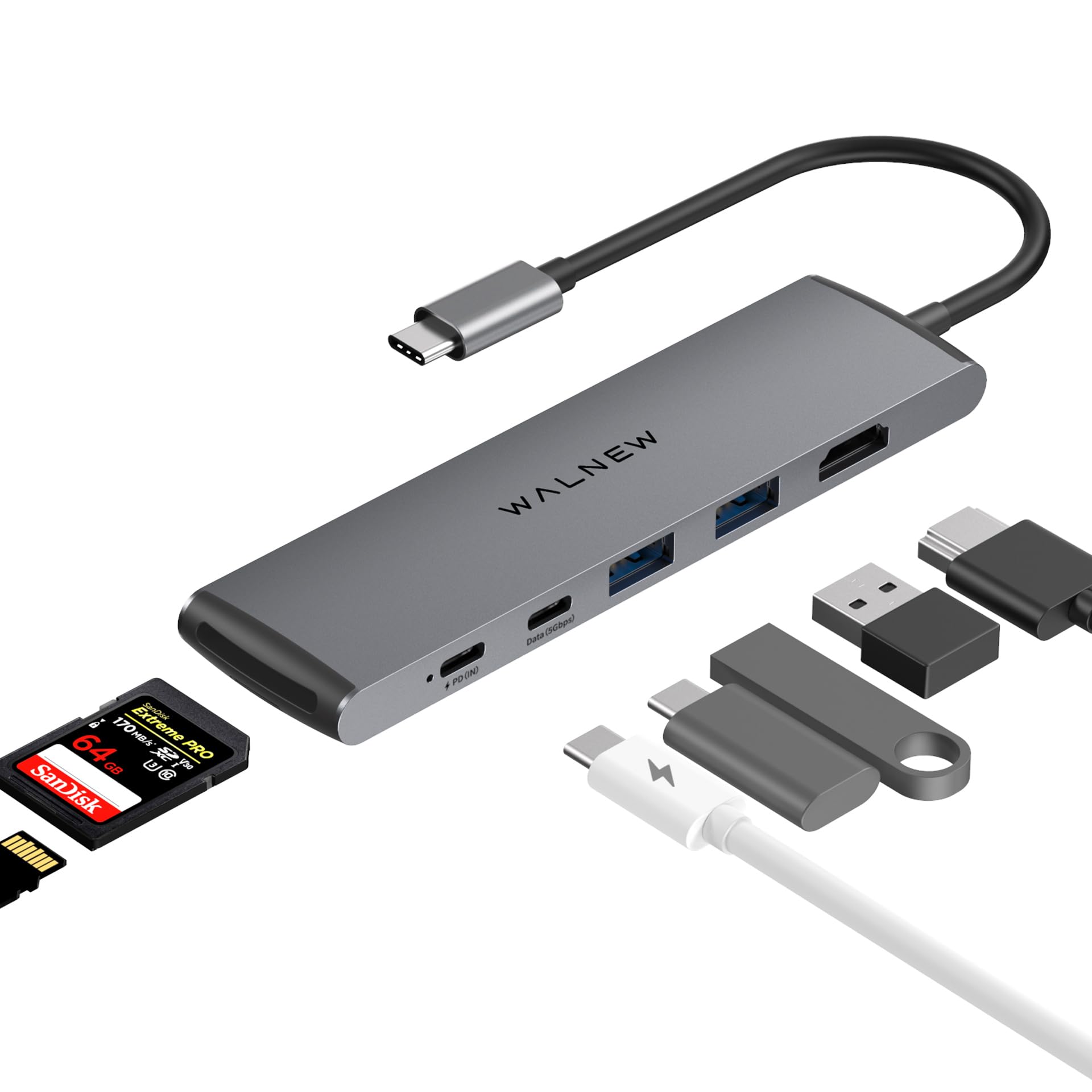 USB C Hub, WALNEW 7 in 1 USB C Docking Station with 4K HDMI,100W PD, 3 5Gbps Data Ports(1 USB-C & 2 USB 3.0),TF/SD Card Reader, USB Hub for Laptop, MacBook Pro/Air/Mac/Dell/HP/ASUS/Acer/Steam Deck