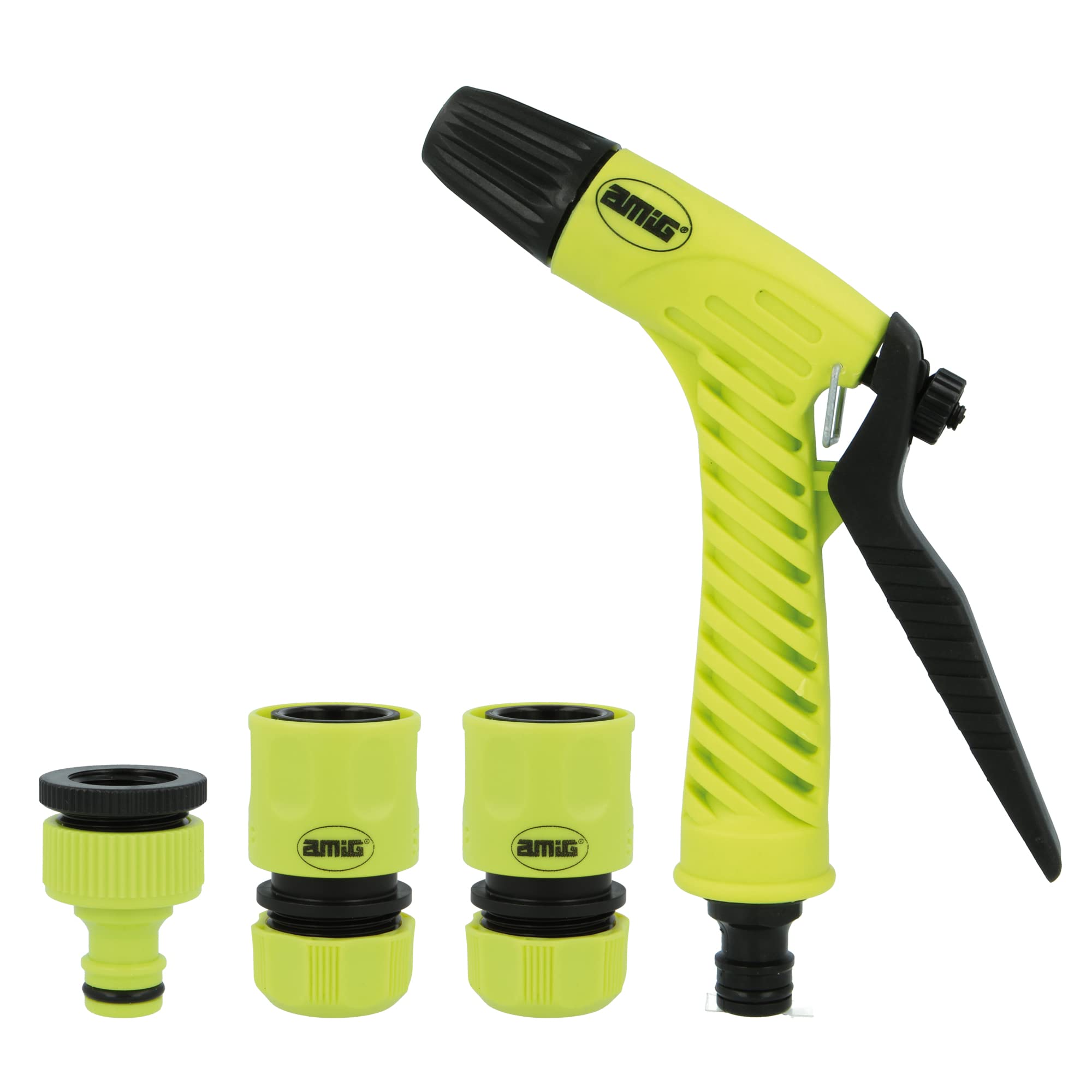 Amig - Irrigation Kit | 4 Components | 1 Adjustable Flow Irrigation Gun, 1 Adapter with Reducer and 2 1/2" and 3/4" Quick Fittings with Stop Function | Pistachio Green and Black