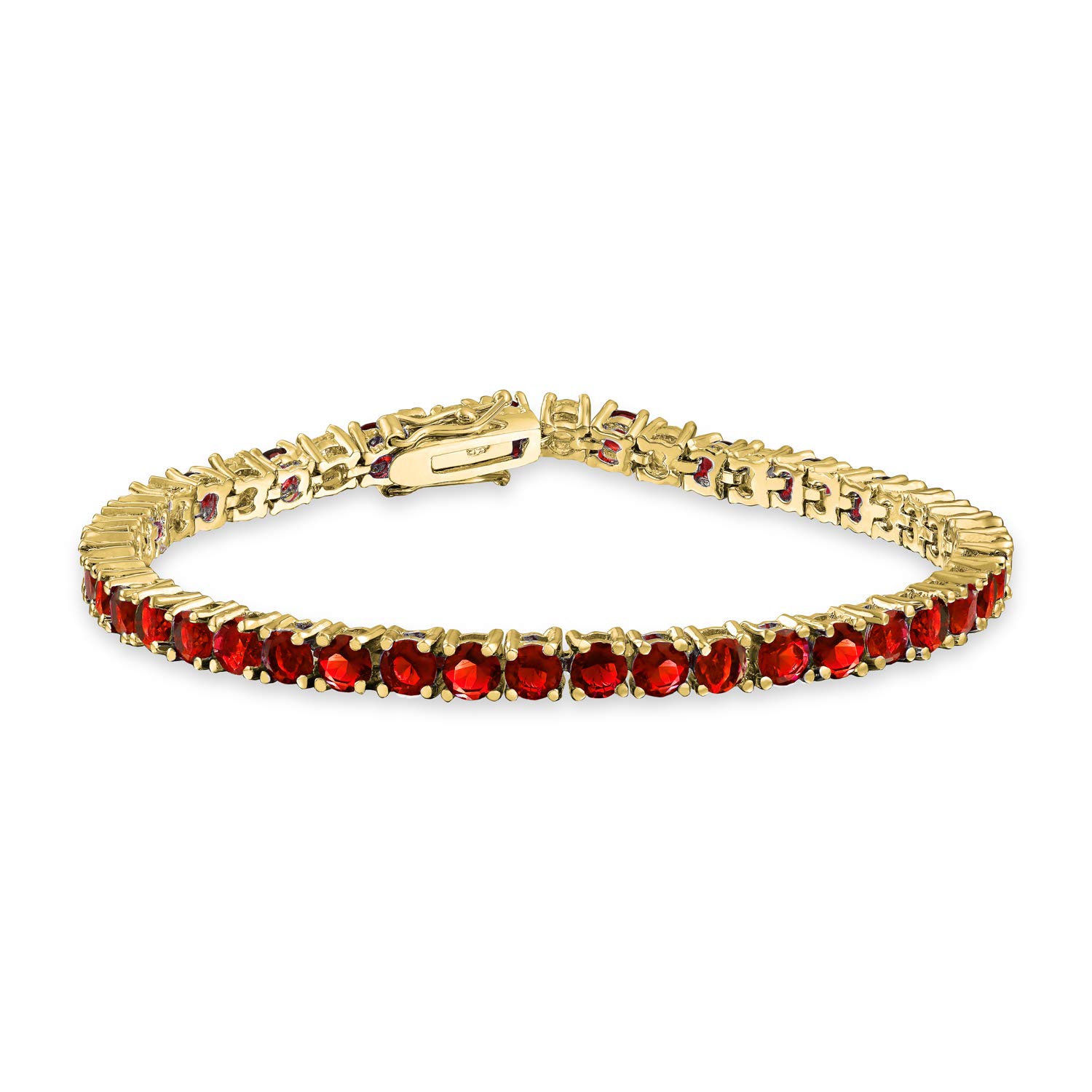 Bling Jewelry Traditional Prong Basket Set Solitaire Round Cubic Zirconia Simulated AAA CZ Red Garnet Tennis Bracelet for Women Prom Bridesmaid Gold Plated 7.5 Inch