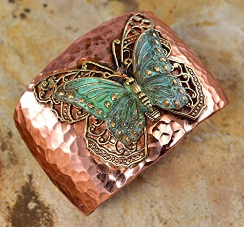 Elaine Coyne Wearable Art Forged Copper and Patina Brass Neo-Victorian Butterfly with Filigree Cuff Bracelet