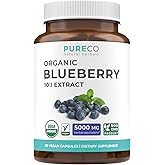 Certified Organic Blueberry Extract Capsules - High Potency 10:1 Blueberry Supplement with 5000mg Herbal Equivalent for Wellness Brain & Immune Support - Vegan Non-GMO & Lab Verified (2 Month Supply)