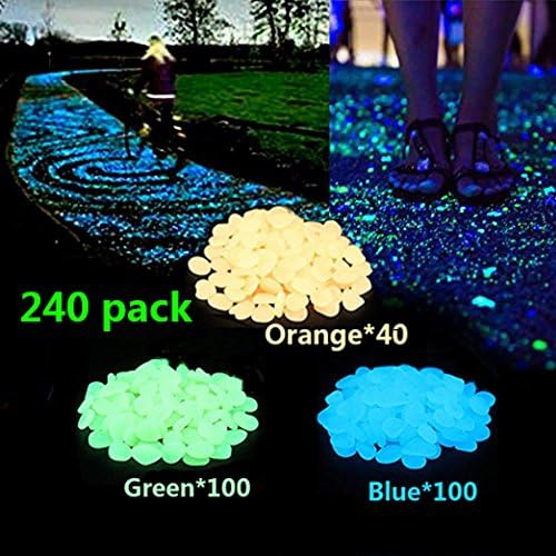 Glow in the Dark Garden Pebbles, Kesouli Garden Pebbles Rocks Artificial Decorative Rockes Man-Made Glow in the Dark Pebbles Stone for Garden Walkway (Orange*40, Blue*100, Green*100)