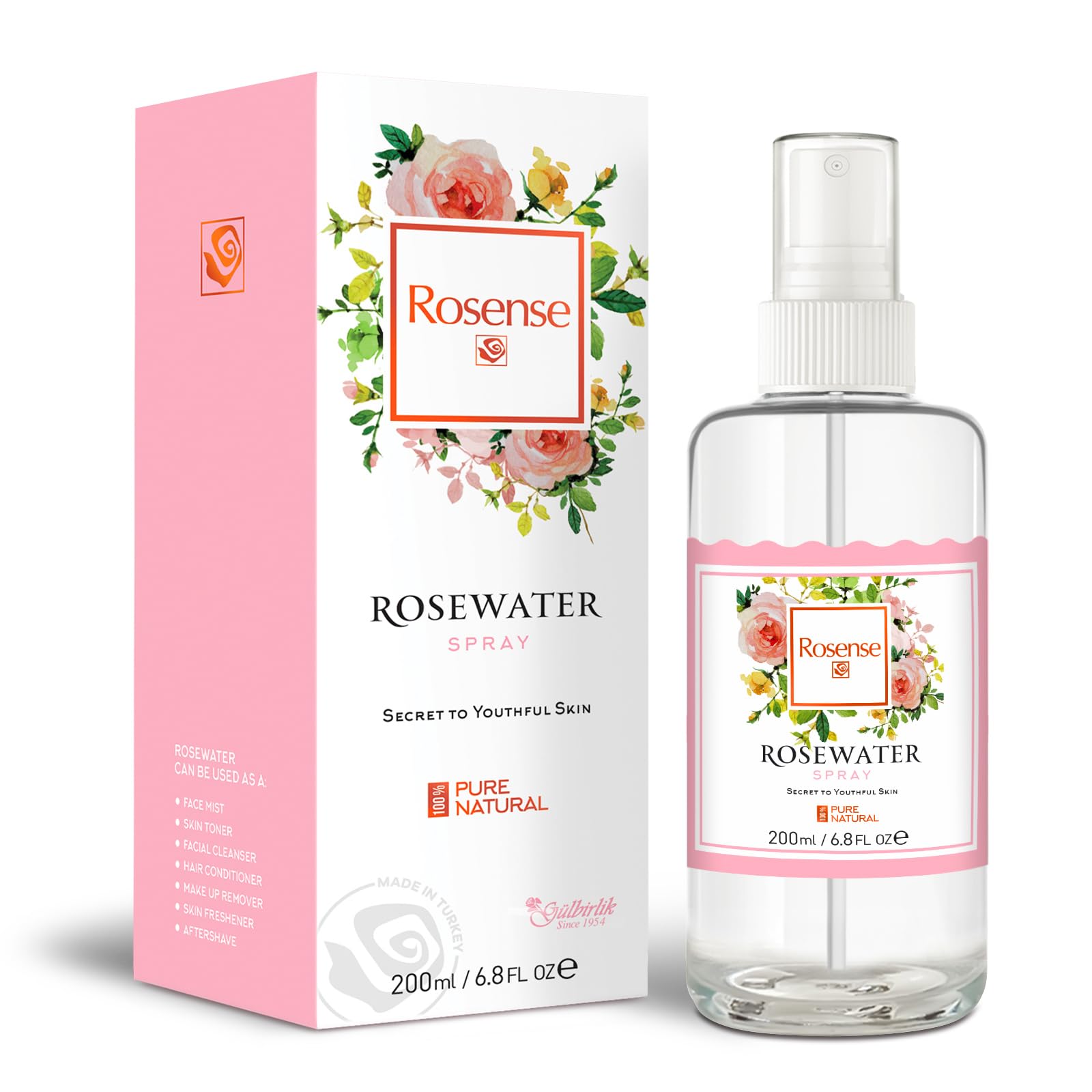 Rosense Glass Bottle Rosewater Hydrating Facial Toner/Rose Water Face Mist 6.8 Oz…