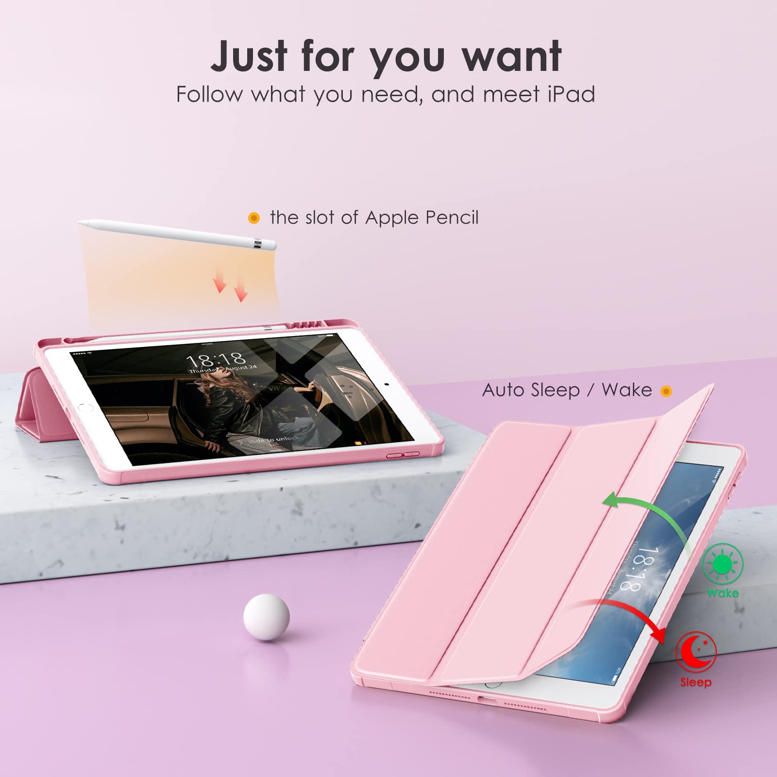 VIKESI Case for iPad 9th / 8th / 7th Generation 10.2 inch (2021/2020/2019 Released), Clear Back, TPU Shockproof Frame Cover[Built-in Pencil Holder,Support Auto Sleep/Wake] for ipad 10.2 - Pink