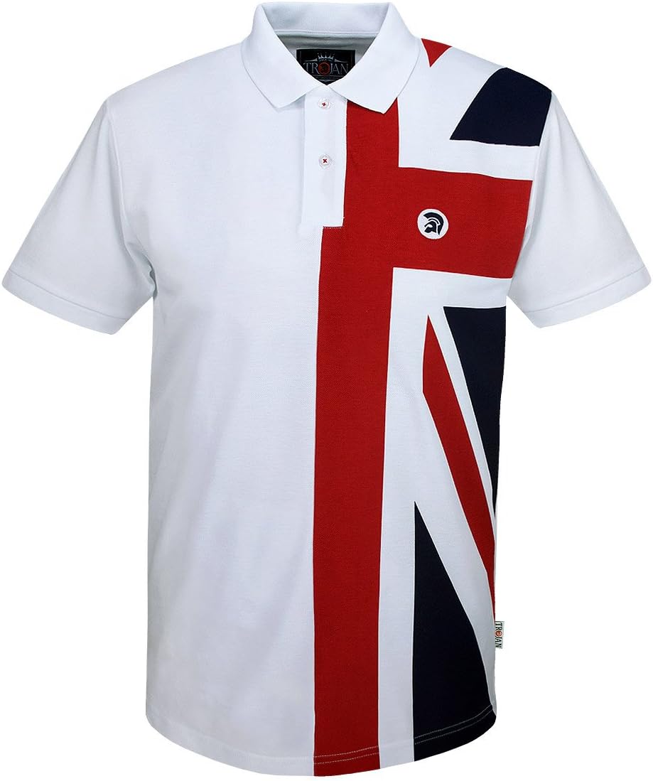Trojan Records Mens Mod Fit Half Union Jack Cotton Polo Shirt TR 8329 - White