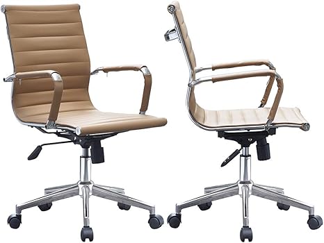 Amazon Com Set Of Two 2 Tan Modern Mid Back Ribbed Pu Leather Swivel Tilt Adjustable Chair Designer Boss Executive Management Manager Office Conference Room Work Task Computer Kitchen Dining