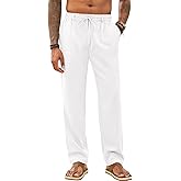 Runcati Mens Casual Pants Linen Elastic Waist Drawstring Lightweight Pants Loose Fit Summer Beach Yoga Trouser