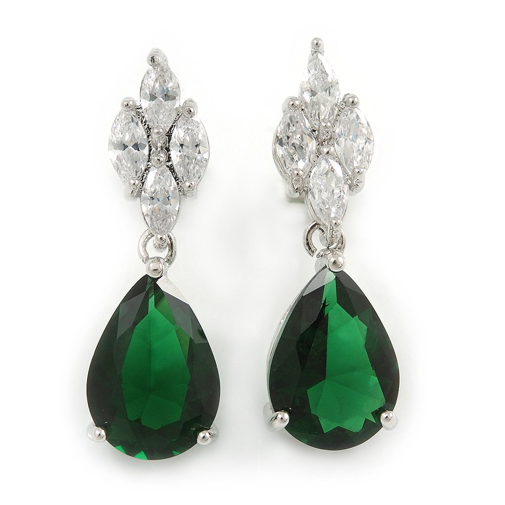 Statement Clear/Emerald Green Cz Teardrop Earrings/Rhodium Plated Alloy/ 30mm L