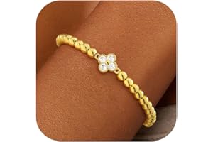 TOSGMY Birthstone Gold Bracelets for Women Non Tarnish Elastic 14K Gold Plated Bead Bracelets Trendy CZ Clover Bracelet Stackable Friendship Bracelets Dainty Jewelry Gifts for Mom Best Friend