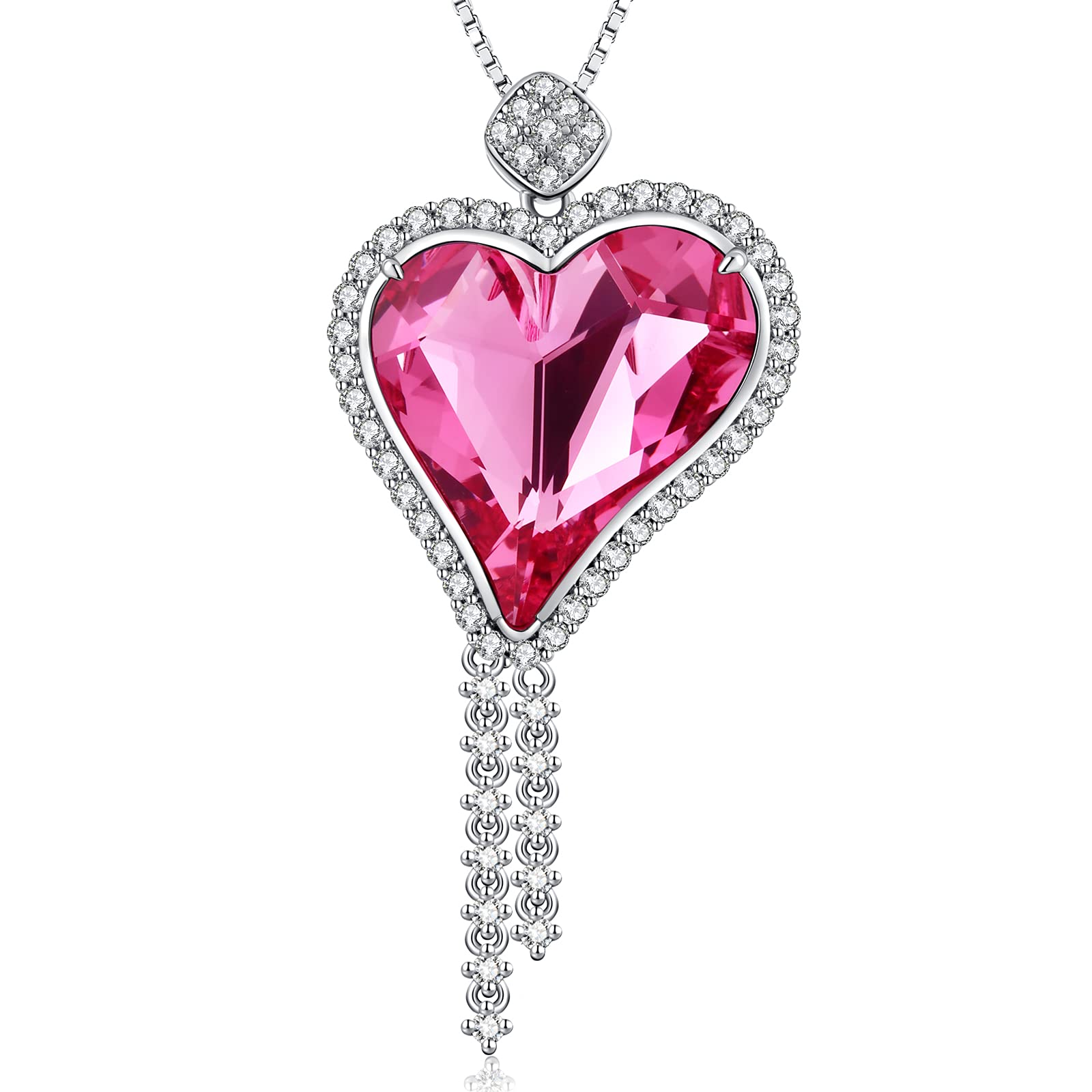 Love Heart Necklaces, Love Heart Pendant Necklace for Women Silver Crystal Necklace Women Silver Tone Crystal Birthstone Necklace CZ Diamond Necklace Pink Crystal Pendant Necklace for Mom, Girlfriend