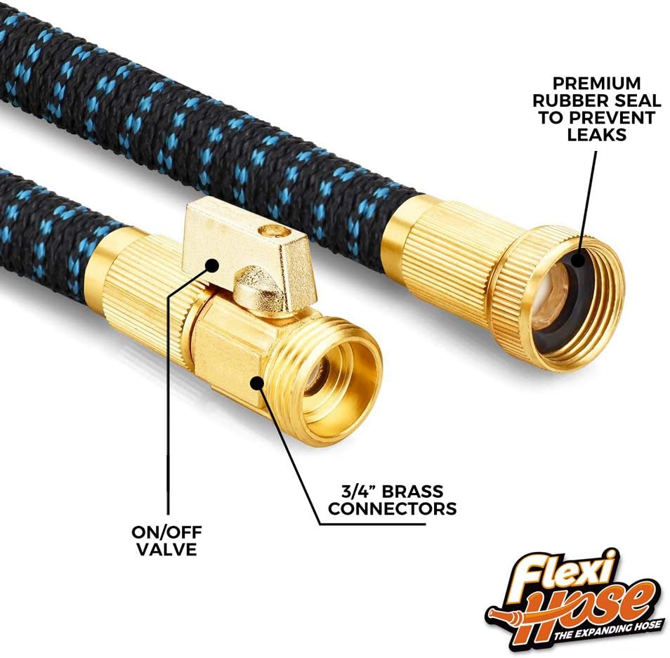Flexi Hose Lightweight Expandable Garden Hose | No-Kink Flexibility - Extra Strength with 3/4 Inch Solid Brass Fittings & Double Latex Core | Rot, Crack, Leak Resistant (75 FT, Blue/Black) : Garden & Outdoor