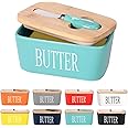 Lxmons Ceramic Butter Dish with Wooden Lid, Large Butter Container Keeper Storage with Stainless Steel Butter Knife Spreader,