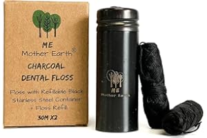 ME MOTHER EARTH Vegan Biodegradable Bamboo Charcoal Dental Floss with Refillable Black Stainless Steel Container | 30M x2 | Extra Floss| Natural Candelilla Wax | Peppermint | Zero Waste Oral Care