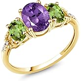 Gem Stone King 10K Yellow Gold Purple Amethyst Green Peridot and Diamond Accent Engagement Ring For Women | 2.19 Cttw | Oval 8X6MM and 6X4MM | Wedding Engagement Anniversary Ring