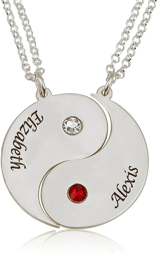 Sterling Silver Engraved Yin Yang 2 Pieces Necklace - Custom Made with 2 Names and 2 Simulated Birthstones